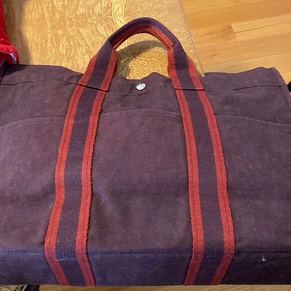 Hermes Authentic gently used canvas tote, burgundy color, made in France. - Picture 3 of 15